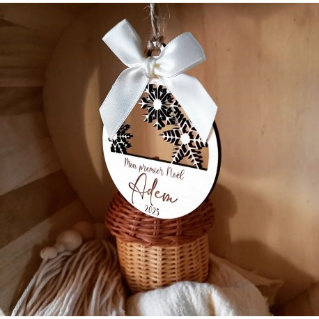 Boule de Noël bois trois flocons