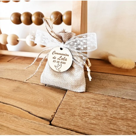 Dragées colombe toile de jute baptême communion