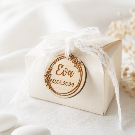 Étiquette dragées baptême mariage couronne fleurs