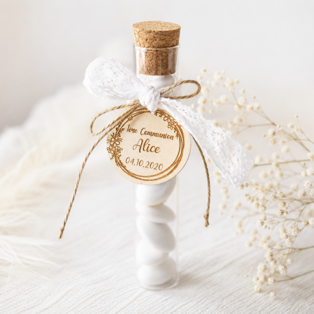 Étiquette dragées communion couronne fleurs