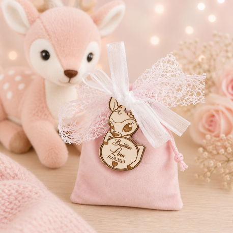 Dragées biche pochon velours rose